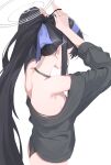  1girl 26th absurdres arms_up ass bare_shoulders bikini black_bikini black_cardigan black_hair blue_archive blue_bow blue_hairband bow breasts cardigan ear_focus grey_halo hair_bow hair_tie hairband halo halterneck hashtag-only_commentary high_ponytail highres long_hair long_sleeves nape off_shoulder official_alternate_costume shoulder_blades simple_background small_breasts solo standing swimsuit tying_hair ui_(blue_archive) ui_(swimsuit)_(blue_archive) very_long_hair white_background 