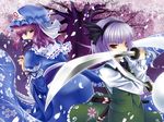  bow bug butterfly cherry_blossoms dual_wielding ghost hairband hat highres holding insect japanese_clothes katana konpaku_youmu konpaku_youmu_(ghost) multiple_girls okitakung pink_hair red_eyes saigyouji_yuyuko short_hair silver_hair sword touhou tree wallpaper weapon 