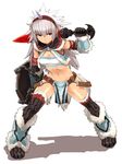  belt boots full_body gloves hairband highres horn kirin_(armor) loincloth long_hair midriff monster_hunter navel red_eyes shadow shield simple_background solo strapless sword thighhighs thighs tubetop weapon white_hair yu_65026 