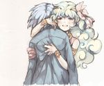  1girl armband armlet arms_at_sides bad_id bad_pixiv_id bangs bare_shoulders blue_hair blush bracelet clothes_grab couple crying curly_hair facing_away flower hair_flower hair_ornament hand_on_another's_back hetero hug jewelry long_hair long_sleeves moha nia_teppelin sad simon simple_background streaming_tears tears tengen_toppa_gurren_lagann upper_body white_hair younger 