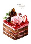  cake cake_slice chalkboard dated flower food food_focus fruit happy_birthday icing kuwayanagi no_humans original painting_(medium) pastry rose simple_background strawberry traditional_media watercolor_(medium) white_background 