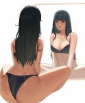  1girl absurdres ass bare_arms bare_shoulders black_bra black_hair black_panties bra breasts brown_eyes cleavage closed_mouth expressionless from_behind highres indian_style large_breasts long_hair looking_at_mirror mirror osaragi_(sakamoto_days) panties pplord reflection sakamoto_days simple_background sitting string_panties underwear underwear_only white_background 