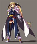  armor blonde_hair cape fate_testarossa long_hair lyrical_nanoha mahou_shoujo_lyrical_nanoha nekomamire red_eyes solo thighhighs twintails very_long_hair zettai_ryouiki 