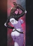  1girl arm_up ass black_hair bodysuit breasts cowboy_shot english_commentary from_behind gloves gun handgun holding holding_gun holding_weapon honeycomb_(pattern) honeycomb_print impossible_bodysuit impossible_clothes looking_at_viewer looking_back m-4_shuriken mass_effect_(series) mass_effect_2 medium_hair miranda_lawson rejean_dubois solo starry_background twitter_username weapon 