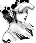  1girl breast_tattoo breasts cleavage closed_mouth collarbone commentary earrings eyelashes fur_hat genderswap genderswap_(mtf) hat highres jewelry large_breasts lips monochrome namnam_op nose one_piece short_hair shoulder_tattoo sketch solo symbol-only_commentary tank_top tattoo trafalgar_law white_background 