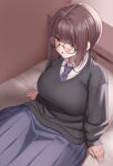  1girl black_sweater breasts brown_eyes brown_hair cardigan glasses huyumitsu indoors jimiko large_breasts long_hair long_sleeves looking_at_viewer necktie on_bed original sitting skirt solo sweater 