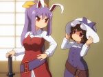  2girls alternate_costume animal_ears belt bow brown_belt brown_eyes brown_hair closed_mouth commentary cosplay dress eye_contact hair_bow hand_on_hilt hand_on_own_hip hands_on_headwear hat hat_bow inaba_tewi long_hair long_sleeves looking_at_another loose_belt multiple_girls ponytail purple_belt purple_bow purple_dress purple_hair rabbit_ears red_dress red_eyes reisen_udongein_inaba shirosato short_hair single_strap touhou watatsuki_no_toyohime watatsuki_no_toyohime_(cosplay) watatsuki_no_yorihime watatsuki_no_yorihime_(cosplay) white_hat yellow_bow 