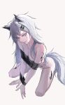  1girl animal_ear_fluff animal_ears aqua_eyes arknights arm_support backlighting bound bound_arms breasts breasts_apart collarbone commentary completely_nude eyeliner from_above from_side full_body grey_background grey_hair grey_tail grin hair_between_eyes hair_ornament hairclip highres kneeling lappland_(arknights) leaning_forward legs long_hair looking_at_viewer looking_to_the_side looking_up makeup material_growth medium_breasts messy_hair nude oripathy_lesion_(arknights) pale_skin parted_lips red_eyeliner scar scar_across_eye scar_on_face shade shadow simple_background smile solo tail teeth tflop_(tea_flop) thighs very_long_hair wolf_ears wolf_girl wolf_tail 