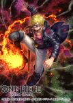  1boy belt blonde_hair boots cigarette clenched_hand commentary_request copyright_name curly_eyebrows epaulettes fire incoming_attack looking_at_viewer male_focus official_art one_piece one_piece_card_game pants pink_shirt sanji_(one_piece) shirt short_hair smoke solo sunglasses sword tatsuya_(atelier_road) thigh_boots tinted_eyewear weapon white_pants 