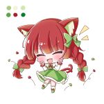  1girl :d absurdres ako_oekaki animal_ear_fluff animal_ears blush bow bowtie braid cat_ears cat_girl cat_tail chibi closed_eyes color_guide commentary_request dress fang frilled_dress frilled_sleeves frills full_body green_bow green_dress hair_bow hands_up highres juliet_sleeves kaenbyou_rin long_hair long_sleeves multiple_tails no_nose notice_lines open_mouth paw_pose puffy_sleeves red_bow red_bowtie red_hair red_tail simple_background smile solo tail touhou twin_braids two_tails very_long_hair white_background 
