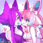  2girls animal_ears bat_girl bat_wings blowing_bubbles blue_eyes blue_eyeshadow blush bow breasts byte_(hopebiscuit) chewing_gum cleavage crobat crop_top eyeshadow freckles hair_over_eyes heart hopebiscuit humanization makeup multiple_girls open_mouth original personification pink_hair pink_top pixel_(hopebiscuit) pokemon purple_hair ribbon sylveon tail teeth wings yellow_eyes yuri zipper 