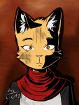 anthro arc_rose bodily_fluids clothed clothing digital_drawing_(artwork) digital_media_(artwork) domestic_cat felid feline felis hard_shadows looking_at_viewer mammal scarf scratches tears thousand_yard_stare whiskers