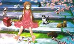  backpack bag barefoot brown_hair cat cherry_blossoms dress feet grey_eyes hirokiku long_hair maneki-neko original pink_dress randoseru shoes shoes_removed sitting sitting_on_stairs solo stairs too_many too_many_cats 