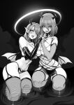  2girls absurdres artist_name bare_shoulders bondage_outfit brassica breasts cleavage cross cross_facial_mark demon_girl demon_horns demon_wings detached_collar ear_piercing earrings elbow_gloves eyebrow_piercing facial_mark fingerless_gloves fishnet_gloves fishnet_thighhighs fishnets gloves greyscale hair_between_eyes halo highres holding_hands horns inverted_cross jewelry large_breasts lip_piercing monochrome multiple_girls navel original panties parted_lips partially_submerged pelvic_curtain photo-referenced piercing pointy_ears striped_clothes striped_thighhighs symbol-shaped_pupils thick_eyelashes thighhighs tongue tongue_piercing underwear wings x-shaped_pupils 
