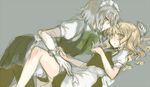  blonde_hair blush girl_on_top grey_hair hand_on_thigh hina_(pico) izayoi_sakuya kirisame_marisa lying multiple_girls on_back short_hair sketch touhou yellow_eyes yuri 