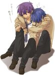  angel_beats! blue_hair hinata_(angel_beats!) hug hug_from_behind male_focus miyuu_(crazy_lollipop) multiple_boys noda_(angel_beats!) purple_eyes purple_hair school_uniform translated 