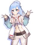  1girl blue_eyes blue_hair blush closed_mouth double_v highres hololive hololive_indonesia hood hoodie jacket kobo_kanaeru kobo_kanaeru_(1st_costume) long_hair looking_at_viewer ma_draws multicolored_hair navel smile solo two-tone_hair v virtual_youtuber white_hair 