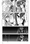  3: :3 blush comic doujinshi embarrassed eunos greyscale hair_ribbon highres hiiragi_kagami izumi_konata japanese_clothes kimono long_hair lucky_star mole mole_under_eye monochrome multiple_girls ribbon smirk translated yukata 