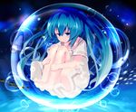 barefoot blue_eyes blue_hair bubble fetal_position floating hatsune_miku highres in_bubble leg_hug long_hair naka smile solo space twintails very_long_hair vocaloid 