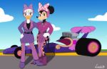 accessory alternate_universe anatid anseriform anthro avian bird black_clothing bow_ribbon clothing daisy_duck disney duck ducktales ducktales_(2017) duo female hair_accessory hair_bow hair_ribbon hi_res looking_at_viewer lunula_(artist) mammal minnie_mouse mouse murid murine pink_clothing purple_clothing racecar ribbons rodent snapdragon_(racecar)