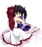  bad_id bad_pixiv_id bannou_houchou-san bare_shoulders black_hair blood blue_eyes flower from_behind headband houchou-san_no_uwasa hug knife long_hair multiple_girls open_mouth red_flower red_hair red_rose rose sashimi_houchou-san sitting tears tsutsumi_(trmacd) twintails 