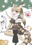  1girl absurdres animal animal_ears back cat cat_ears cat_girl cat_tail elbow_gloves extra_ears fingerless_gloves gloves green_eyes grey_hair hachikuji_kenuta highres japari_symbol jungle_cat_(kemono_friends) kemono_friends kemono_friends_v_project long_hair looking_at_viewer looking_back one_eye_closed ribbon shirt simple_background skirt tail thighhighs twintails virtual_youtuber 