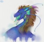 2024 anthro blue_body blue_sclera blue_tongue brown_mane cheek_frill dated dragon ear_frill famir_(artist) frill_(anatomy) glistening glistening_eyes glistening_tongue hi_res male mane mythological_creature mythological_scalie mythology open_mouth orange_eyes rear_view scalie sharp_teeth signature solo teeth tongue tongue_out