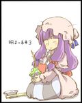  axe black_border book border crescent hat hatchet long_hair lowres mushroom patchouli_knowledge purple_hair solo touhou translated uni_mate weapon western_hatchet 