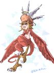  1girl absurdres animal_on_head aoki_midori_(artist) bird_legs blonde_hair breasts commentary digitigrade feathered_wings feathers halo harpy highres long_hair monster_girl navel on_head orange_eyes original red_feathers red_wings small_breasts solo talons twitter_username white_background winged_arms wings 