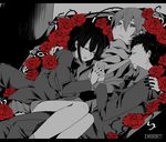  2boys black_hair bob_cut breasts closed_eyes coffin durarara!! flower hiroshi_noi kida_masaomi large_breasts monochrome multiple_boys no_eyewear pleated_skirt rose ryuugamine_mikado scarf school_uniform short_hair skirt sleeping sonohara_anri thorns 