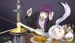  2girls black_robe blurry capelet cheese commentary_request dress earrings elf fern_(sousou_no_frieren) fondue fondue_au_fromage food frieren highres holding holding_spoon jewelry long_hair long_sleeves meme multiple_girls open_mouth plate pointy_ears purple_eyes purple_hair robe sousou_no_frieren spoon tasty_hoon_cheese_fondue_(meme) tenten_(chan4545) twintails white_capelet white_dress white_hair 