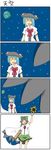  4koma cape comic earth hat highres hinanawi_tenshi multiple_girls murata_(kendou) reiuji_utsuho silent_comic space sun touhou 