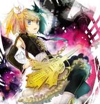  alternate_hairstyle aqua_eyes bad_id bad_pixiv_id black_legwear blonde_hair boots detached_sleeves dress frills hair_ornament hair_ribbon hairclip highres instrument kagamine_rin kagamine_rin_(roshin_yuukai/hard_rkmix) long_hair m102 ribbon roshin_yuukai_(vocaloid) solo thighhighs twintails vocaloid 