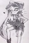  1girl bare_shoulders boots bow-shaped_hair breasts callie_(splatoon) choker commentary_request dress earrings feet_out_of_frame gloves graphite_(medium) grin hand_on_own_hip heart highres hoop_earrings inkling jewelry kinakomochi_920 long_hair looking_at_viewer mole mole_under_eye monochrome motion_lines pointy_ears short_dress small_breasts smile solo splatoon_(series) splatoon_3 star-shaped_pupils star_(symbol) strapless strapless_dress suction_cups swept_bangs symbol-shaped_pupils tentacle_hair traditional_media translated twintails very_long_hair waving 