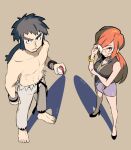  1boy 1girl barefoot black_hair breasts brown_background bruno_(pokemon) cleavage full_body glasses high_heels holding holding_poke_ball looking_at_viewer lorelei_(pokemon) muscular muscular_male navel opaque_glasses partially_opaque_glasses poke_ball poke_ball_(basic) pokemon pokemon_frlg red_eyes red_hair standing ucchii 