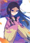  1girl black_hair choker closed_mouth falling_leaves highres holding holding_umbrella japanese_clothes kimono leaf long_hair long_sleeves looking_at_viewer omochi_(omotimotittona3) pink_kimono pokemon pokemon_xy purple_choker purple_eyes sleeves_past_fingers sleeves_past_wrists smile solo umbrella valerie_(pokemon) white_background wide_sleeves 