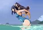  blue_eyes blue_hair competition_swimsuit dog long_hair lunarbor one-piece_swimsuit original solo swimsuit wading 