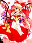  ahoge bad_id bad_pixiv_id bare_shoulders blonde_hair bow cosplay detached_sleeves fang flandre_scarlet hair_bow hair_tubes hakurei_reimu hakurei_reimu_(cosplay) heart if_they_mated long_hair red_eyes side_ponytail solo touhou wings yutazou 