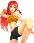  bad_id bad_pixiv_id bike_shorts bow braid breasts fighting_stance green_eyes hair_bow hong_meiling large_breasts leg_lift leg_up long_hair midriff navel red_hair simple_background smile solo sports_bra spread_legs touhou twin_braids yuuji_(and) 