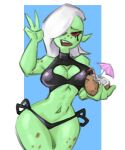  2024 absurd_res alien alien_humanoid beverage bikini breasts cleavage cleavage_cutout clothed clothing cutout disney female fingers freckles gesture green_body green_skin hair half-length_portrait hand_gesture hi_res humanoid humanoid_pointy_ears lord_dominator lulugjantes navel noseless not_furry open_mouth pink_sclera portrait solo standing swimwear teeth v_sign wander_over_yonder white_hair wide_hips 