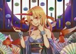  bare_shoulders blonde_hair breasts cleavage cup fan fish folding_fan hiiragi_shou horn hoshiguma_yuugi hoshiguma_yuugi_(promo) japanese_clothes kimono long_hair medium_breasts obi off_shoulder pointy_ears red_eyes sakazuki sash solo touhou wind_chime 