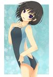  adjusting_clothes adjusting_swimsuit amagami black_hair competition_swimsuit highres looking_back minase_kaya nanasaki_ai one-piece_swimsuit purple_eyes short_hair solo swimsuit 