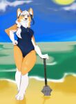 absurd_res accessory anthro beach blue_clothing breasts canid canine canis clothing domestic_dog female fur hair hand_on_hip headband herding_dog hi_res jewelry mace mammal melee_weapon neck_tuft necklace one-piece_swimsuit pastoral_dog ponytail ponytail_over_shoulder pose short smile smiling_at_viewer solo star swimwear teysa_(golddrake) tuft weapon welsh_corgi white_body white_fur white_hair wimblyskrimbly yellow_body yellow_fur