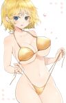  1girl :3 :p bare_shoulders bikini blonde_hair blue_eyes blush body_blush breasts cameltoe cleavage collarbone come_hither gold_bikini green_eyes groin hair_between_eyes heart heterochromia highres kinako_(mzknk0) large_breasts looking_at_viewer micro_bikini naughty_face navel ryouna_(senran_kagura) seductive_smile senran_kagura senran_kagura_shinovi_versus shiny_skin short_hair side-tie_bikini_bottom smile solo sparkle string_bikini swimsuit tongue tongue_out untied_bikini untied_bikini_bottom untying 