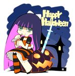  bat drinking drinking_straw eating food halloween happy_halloween jack-o'-lantern nagian official_style panty_&amp;_stocking_with_garterbelt pudding pumpkin smile solo stocking_(psg) striped striped_legwear sword thighhighs weapon 