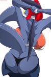 anthro back_boob big_breasts biped breasts butt clothed clothing garchomp generation_4_pokemon hair hi_res huge_breasts looking_at_viewer looking_back nintendo panties pokemon pokemon_(species) pupils sagestrike2_(artist) smile solo thick_thighs underwear