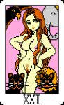  1girl breasts elephant hands_on_own_hips house_of_tarot lion long_hair looking_at_viewer navel nipples nude pink_background pixel_art pubic_hair roman_numeral saiwai_hiroshi simple_background solo tarot tarot_(medium) the_world_(tarot) very_long_hair 
