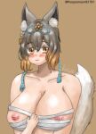  1girl animal_ear_fluff animal_ears blush boobfan06 breasts brown_hair closed_mouth fox_ears fox_girl fox_tail grey_hair hair_ornament kaia_(project_qt) large_breasts looking_at_viewer multicolored_hair nipple_slip nipples orange_hair project_qt sarashi self-upload short_hair simple_background tail twitter_username white_eyelashes yellow_eyes 