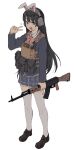  1girl akm animal_ears arm_at_side assault_rifle black_footwear black_hair blazer blue_eyes blue_jacket blue_skirt bow bowtie bulletproof_vest chest_rig commentary_request full_body gun hand_up headphones highres holding holding_gun holding_weapon jacket kalashnikov_rifle kemonomimi_mode loafers long_hair long_sleeves looking_at_viewer microphone nijisanji open_mouth pink_bow pink_bowtie plaid plaid_skirt pleated_skirt rabbit_ears rifle school_uniform shoes sigama simple_background skirt smile solo sparkle standing thighhighs tsukino_mito tsukino_mito_(1st_costume) v virtual_youtuber weapon white_background white_thighhighs 
