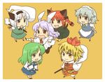  animal_ears blonde_hair blush_stickers braid bunny_ears cat_ears cat_tail chibi green_hair izayoi_sakuya kaenbyou_rin kochiya_sanae konpaku_youmu konpaku_youmu_(ghost) koyama_shigeru md5_mismatch multiple_girls multiple_tails purple_hair red_hair reisen_udongein_inaba silver_hair stage_connection sweatdrop tail toramaru_shou touhou white_hair 